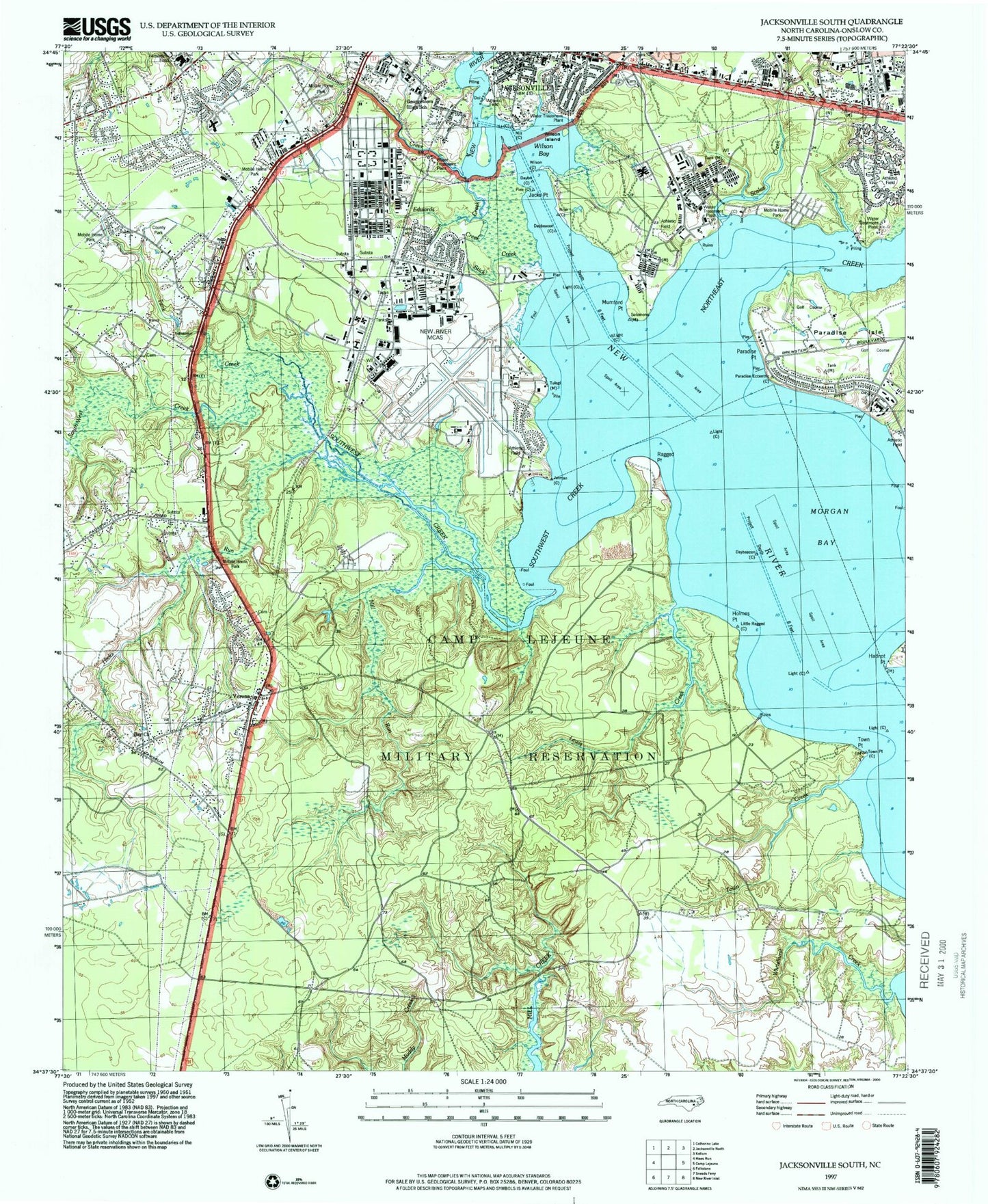 Classic USGS Jacksonville South North Carolina 7.5'x7.5' Topo Map Image