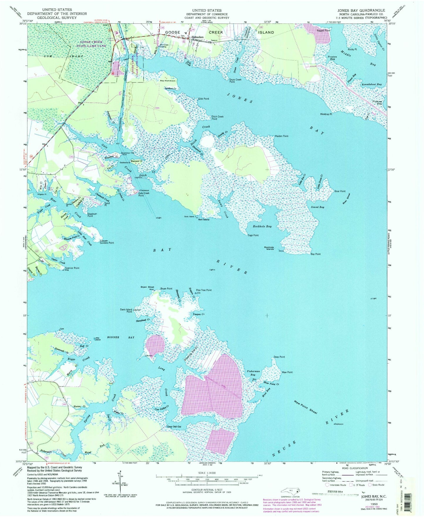 Classic USGS Jones Bay North Carolina 7.5'x7.5' Topo Map Image
