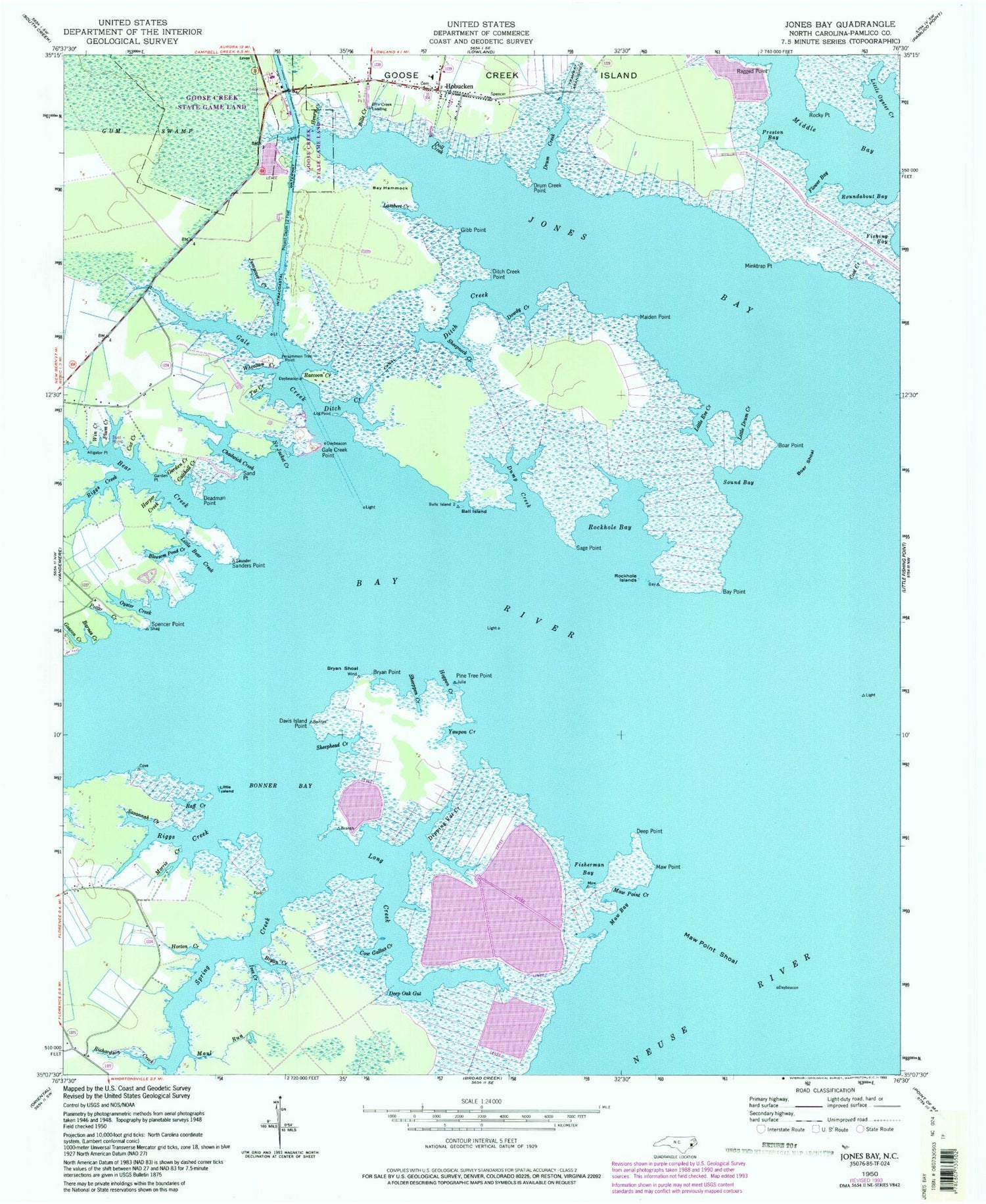 Classic USGS Jones Bay North Carolina 7.5'x7.5' Topo Map Image