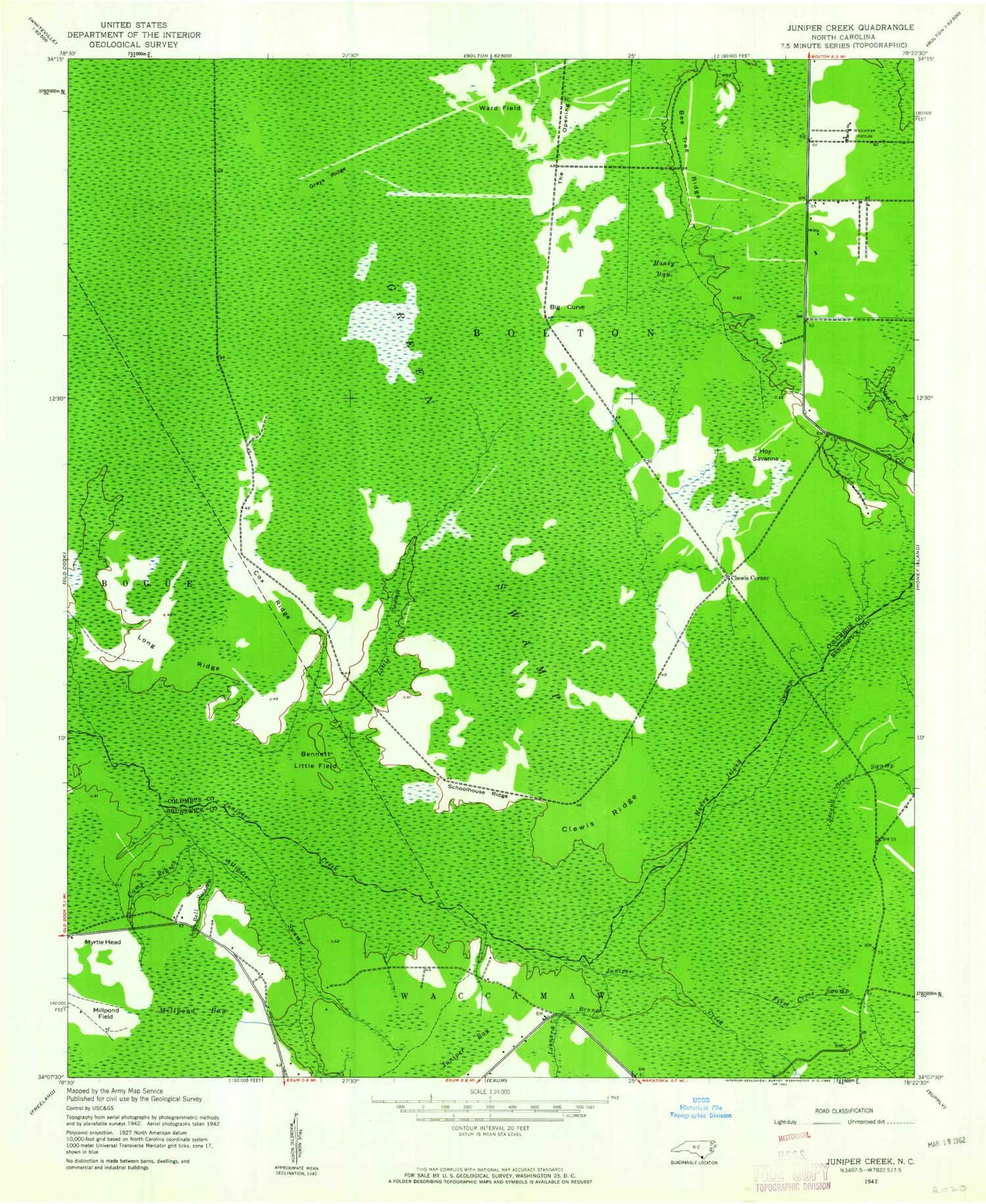 Classic USGS Juniper Creek North Carolina 7.5'x7.5' Topo Map Image