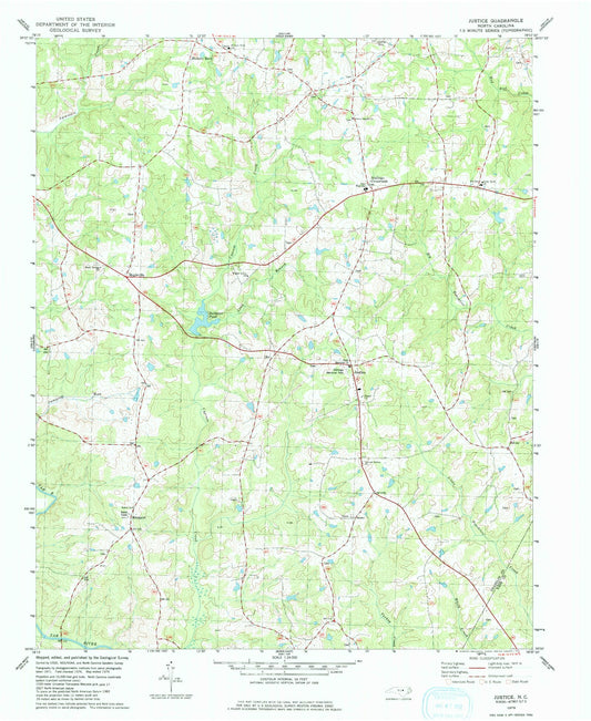 Classic USGS Justice North Carolina 7.5'x7.5' Topo Map Image