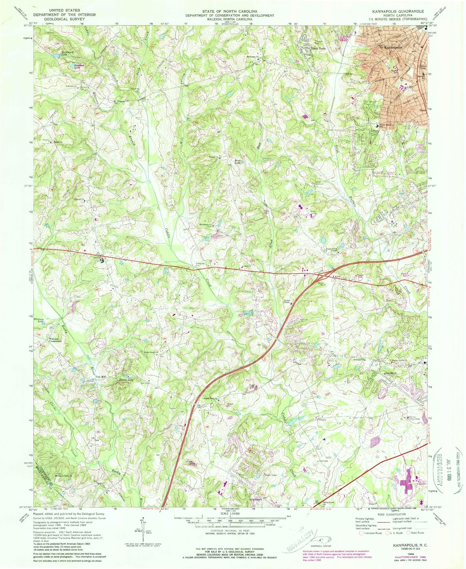 Classic USGS Kannapolis North Carolina 7.5'x7.5' Topo Map Image
