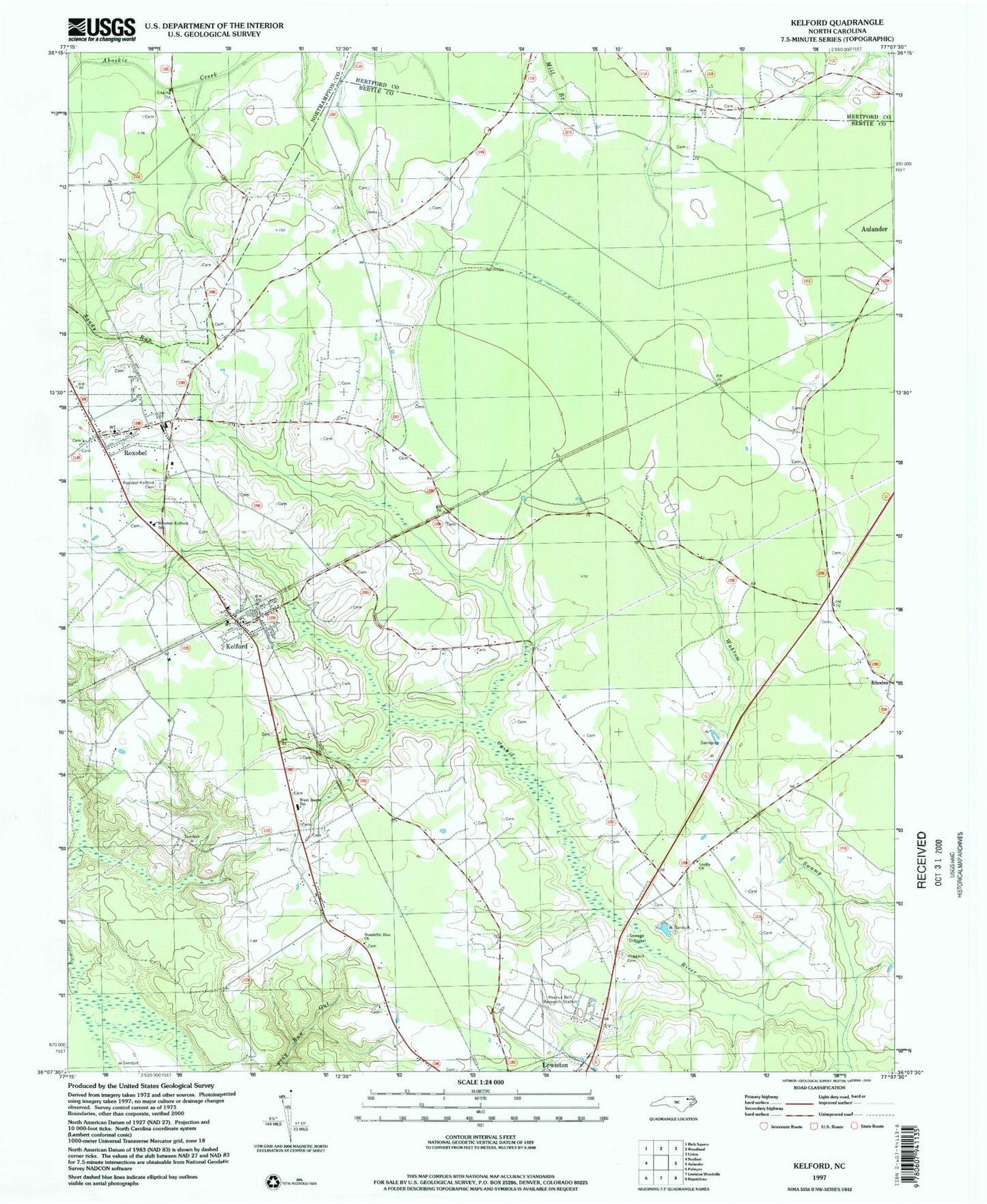 Classic USGS Kelford North Carolina 7.5'x7.5' Topo Map Image