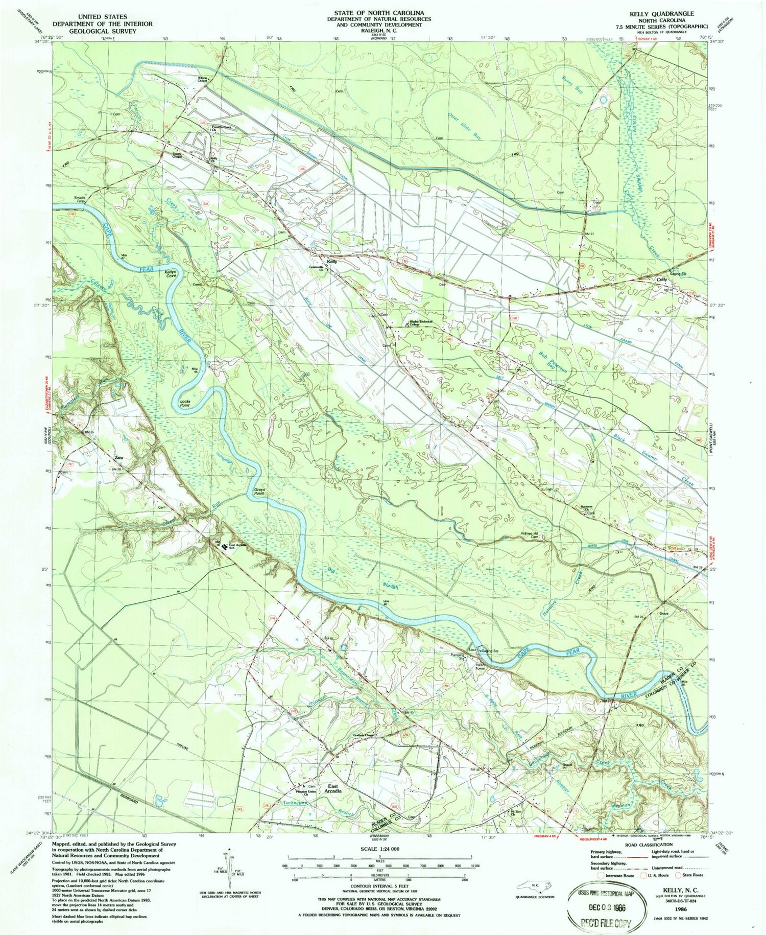 Classic USGS Kelly North Carolina 7.5'x7.5' Topo Map Image