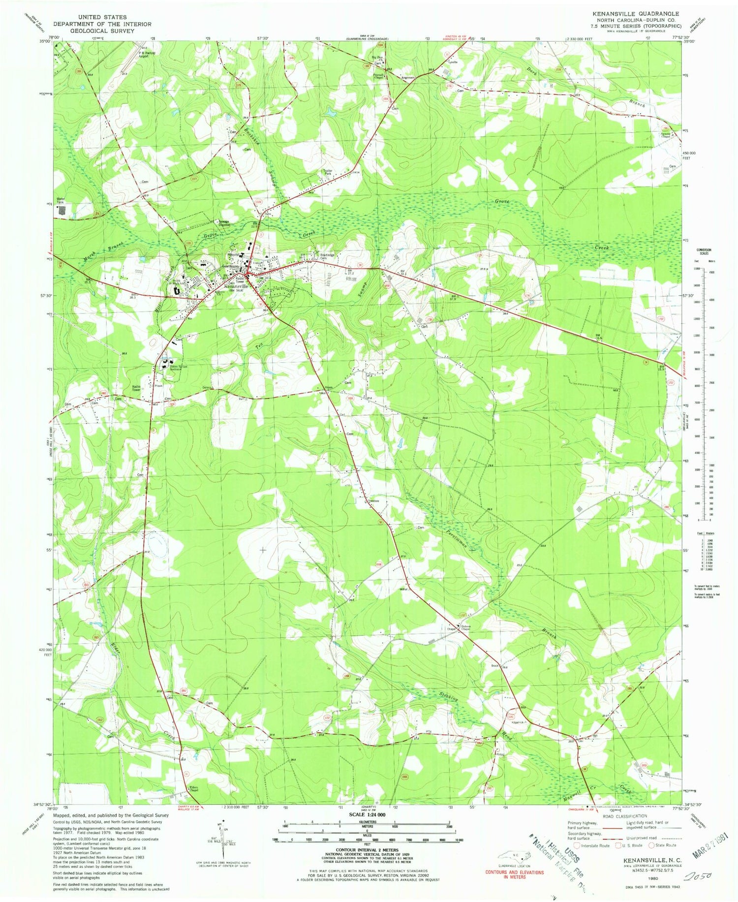 Classic USGS Kenansville North Carolina 7.5'x7.5' Topo Map Image