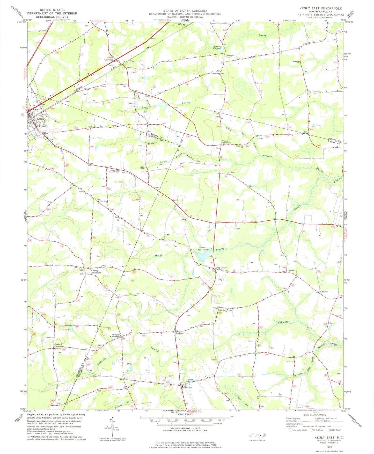 Classic USGS Kenly East North Carolina 7.5'x7.5' Topo Map Image