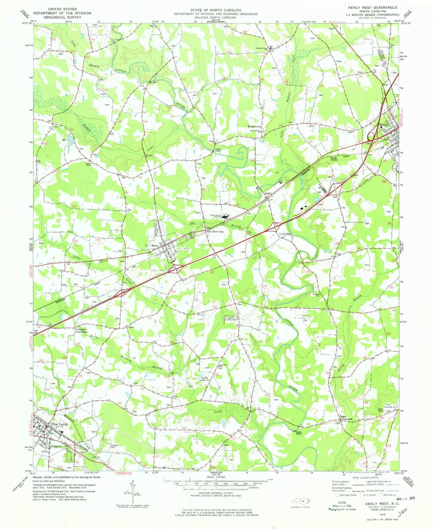 Classic USGS Kenly West North Carolina 7.5'x7.5' Topo Map Image