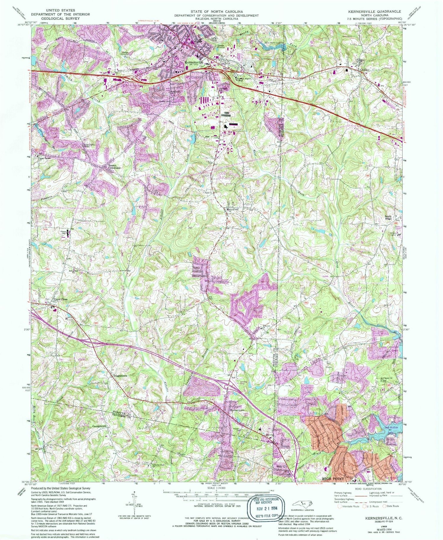 Classic USGS Kernersville North Carolina 7.5'x7.5' Topo Map Image
