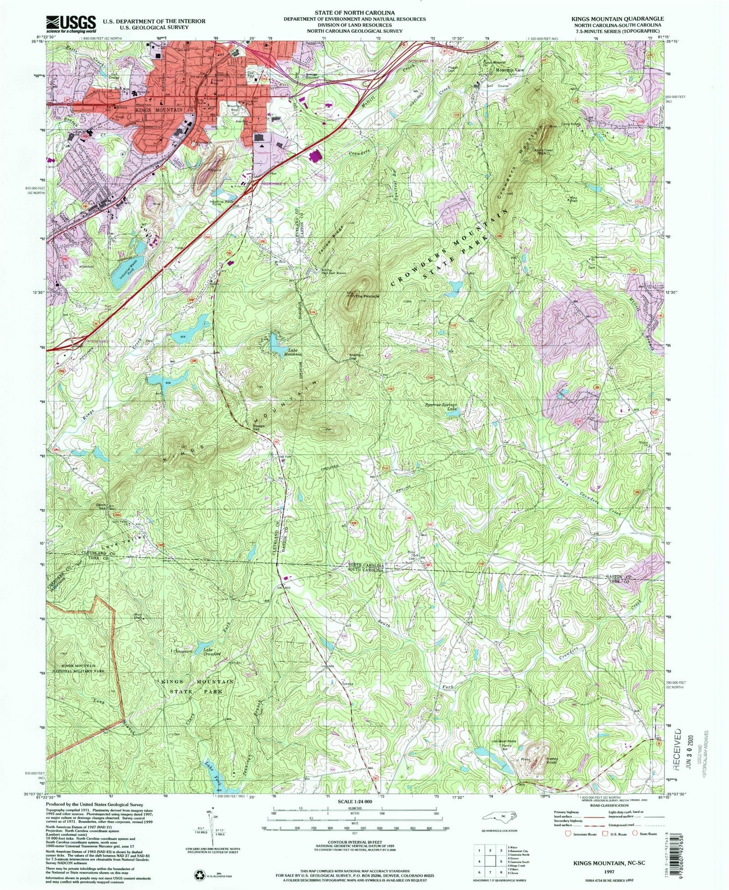 Classic USGS Kings Mountain North Carolina 7.5'x7.5' Topo Map Image