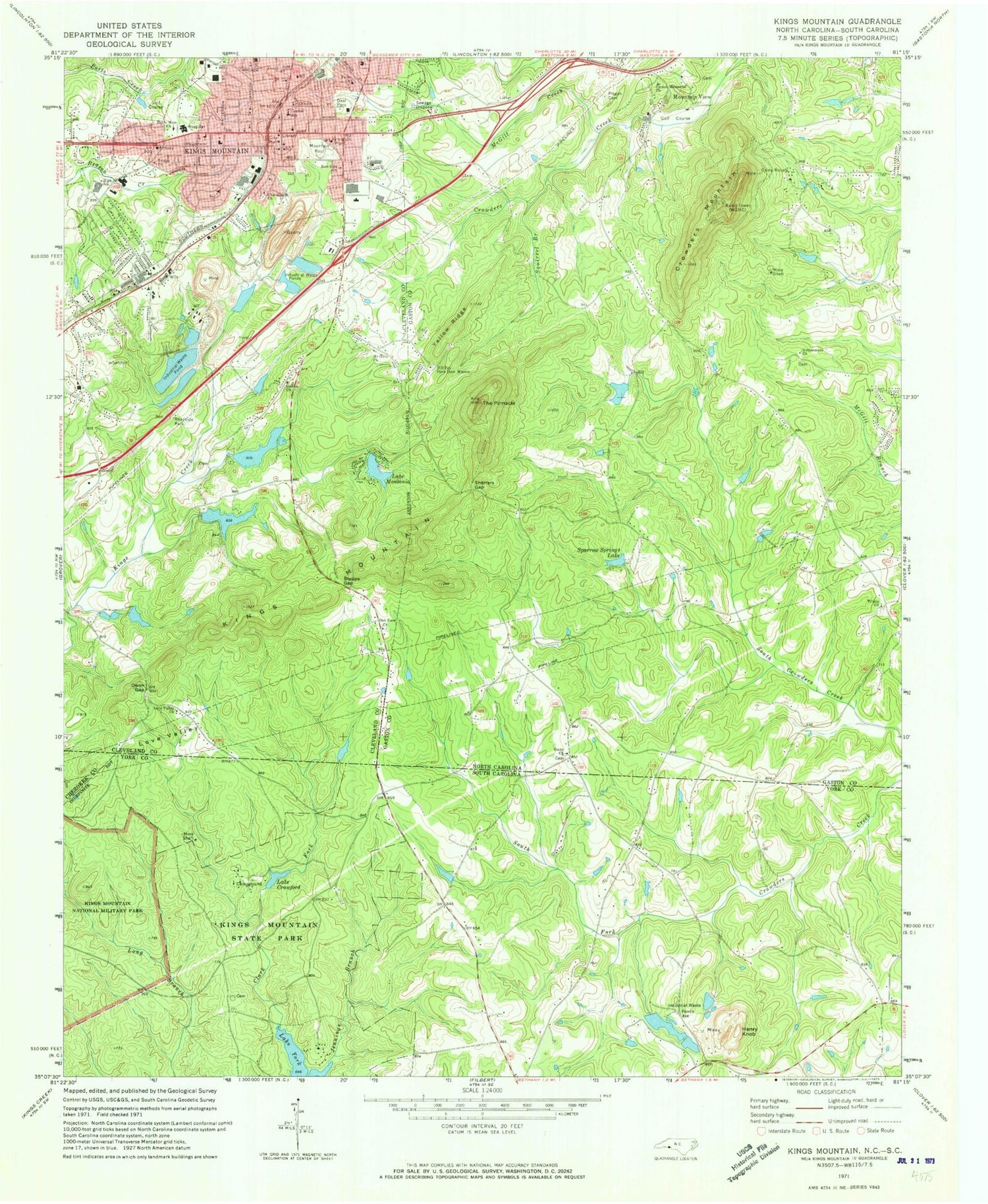 Classic USGS Kings Mountain North Carolina 7.5'x7.5' Topo Map Image