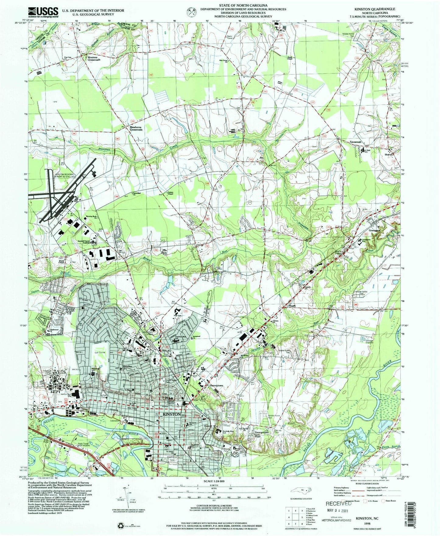 Classic USGS Kinston North Carolina 7.5'x7.5' Topo Map Image