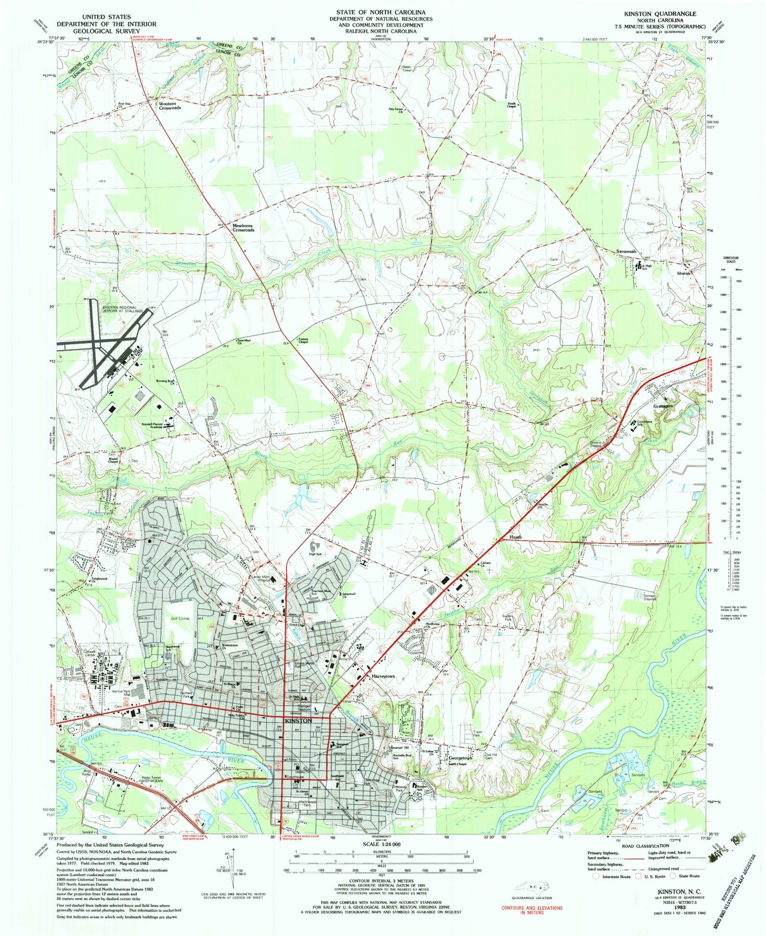 Classic USGS Kinston North Carolina 7.5'x7.5' Topo Map Image