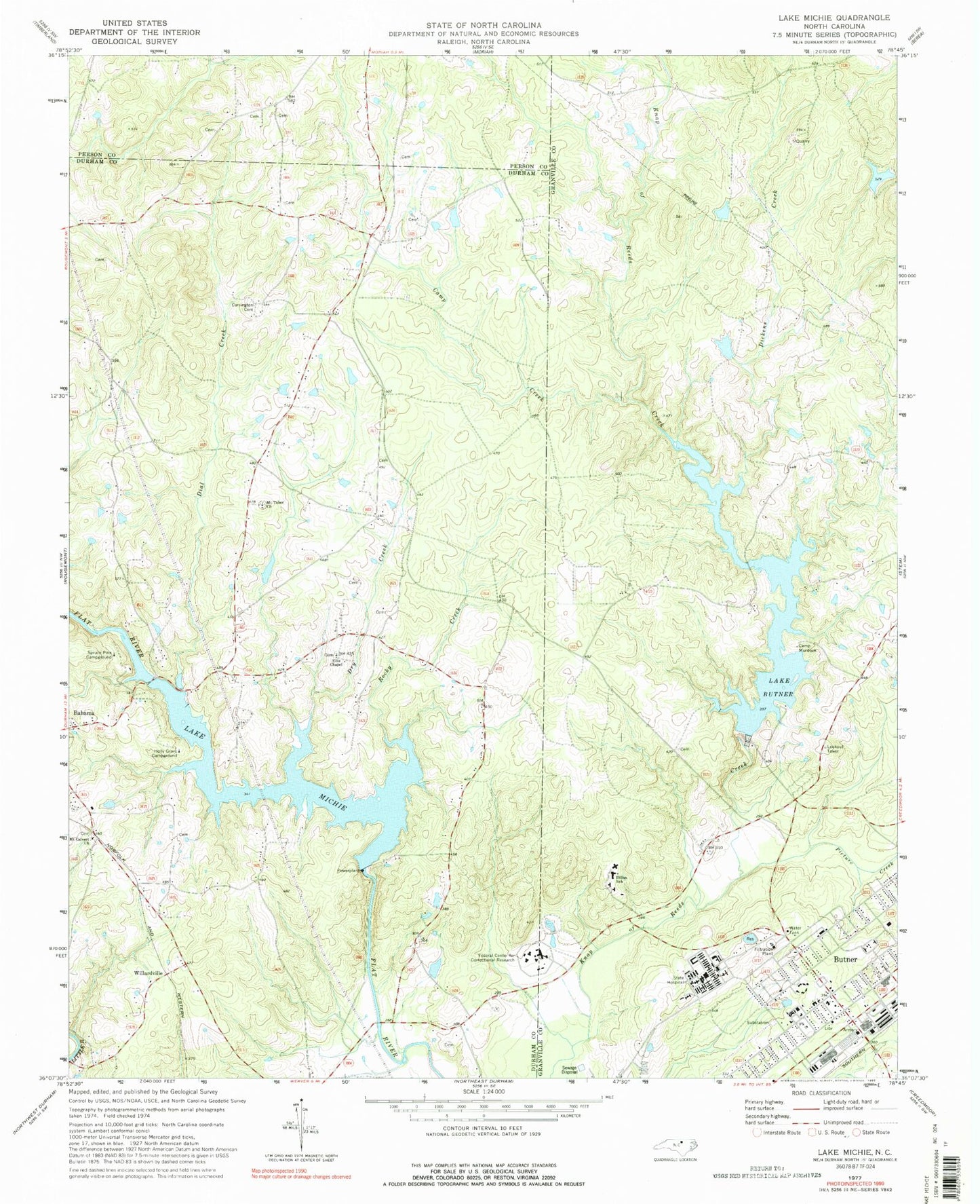 Classic USGS Lake Michie North Carolina 7.5'x7.5' Topo Map Image