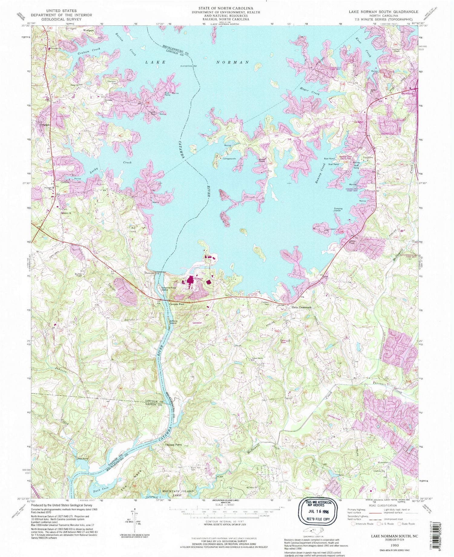 Classic USGS Lake Norman South North Carolina 7.5'x7.5' Topo Map Image