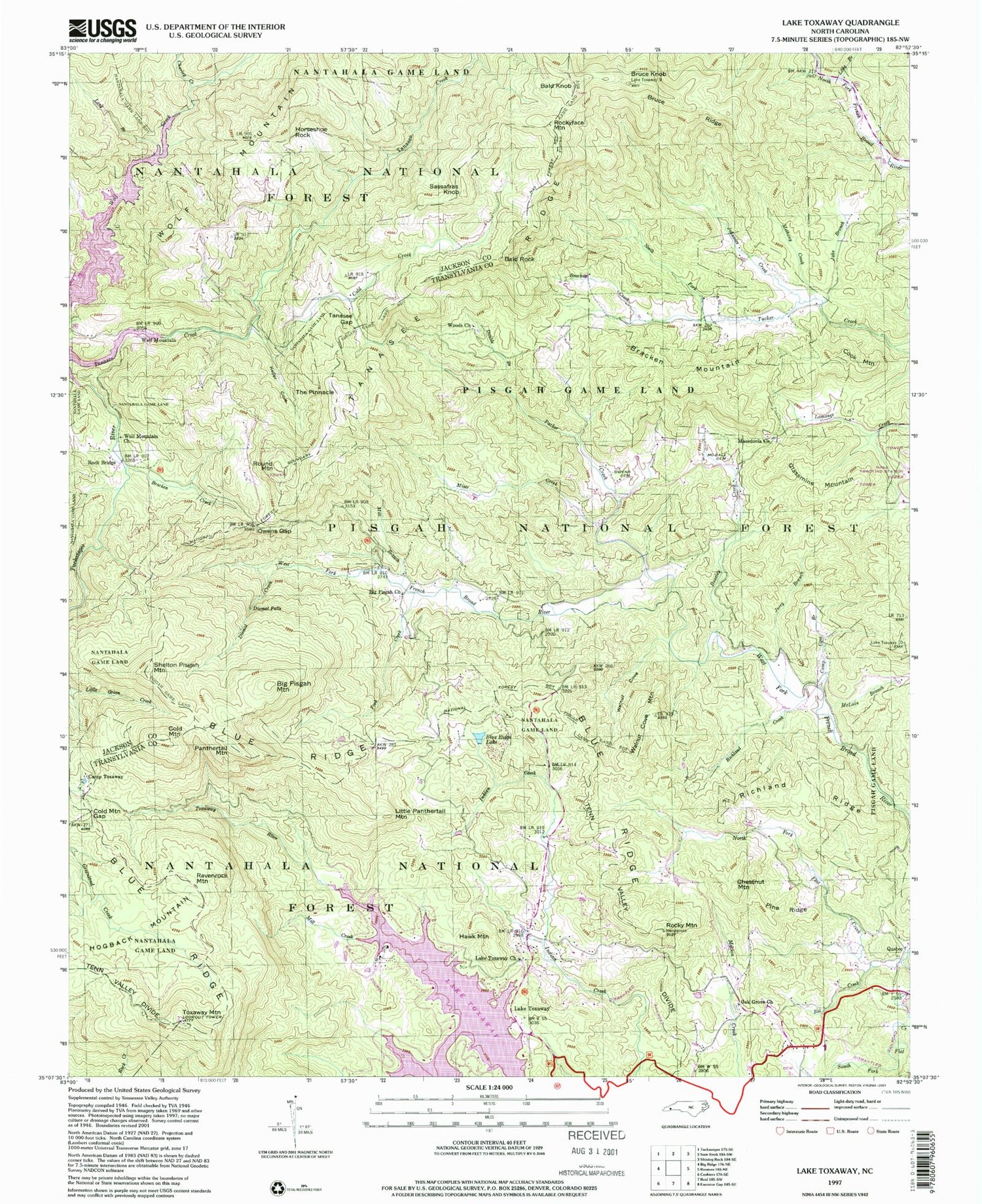 Classic USGS Lake Toxaway North Carolina 7.5'x7.5' Topo Map Image