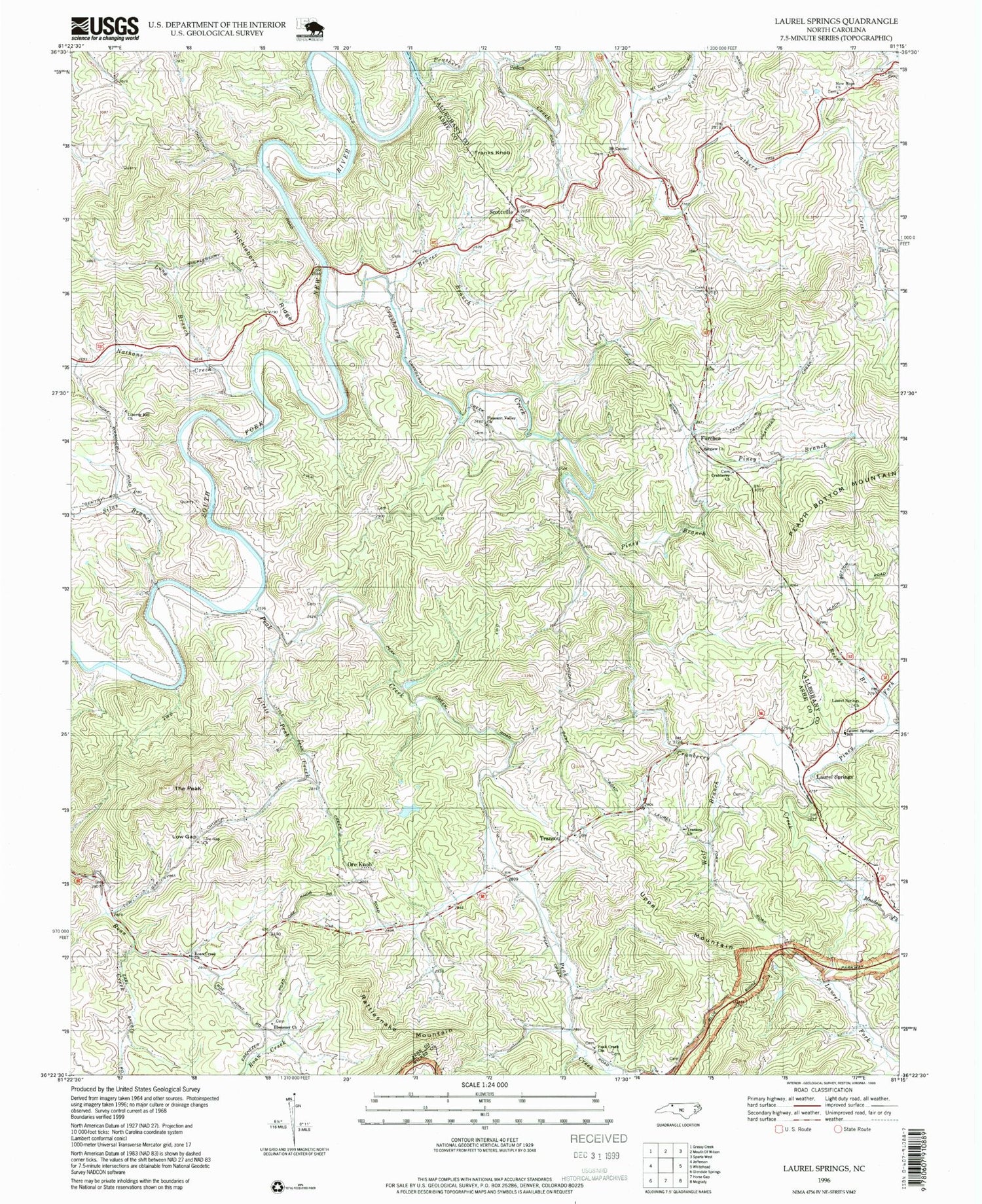 Classic USGS Laurel Springs North Carolina 7.5'x7.5' Topo Map Image