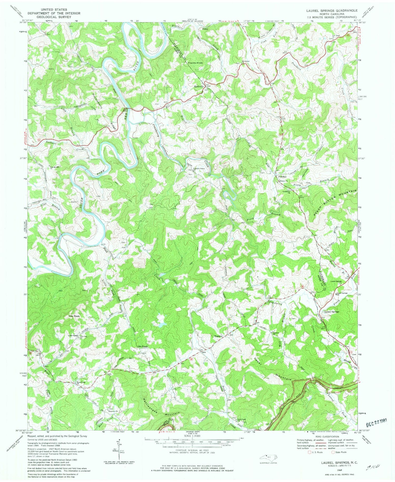 Classic USGS Laurel Springs North Carolina 7.5'x7.5' Topo Map Image