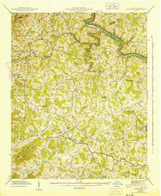 Classic USGS Leicester North Carolina 7.5'x7.5' Topo Map Image