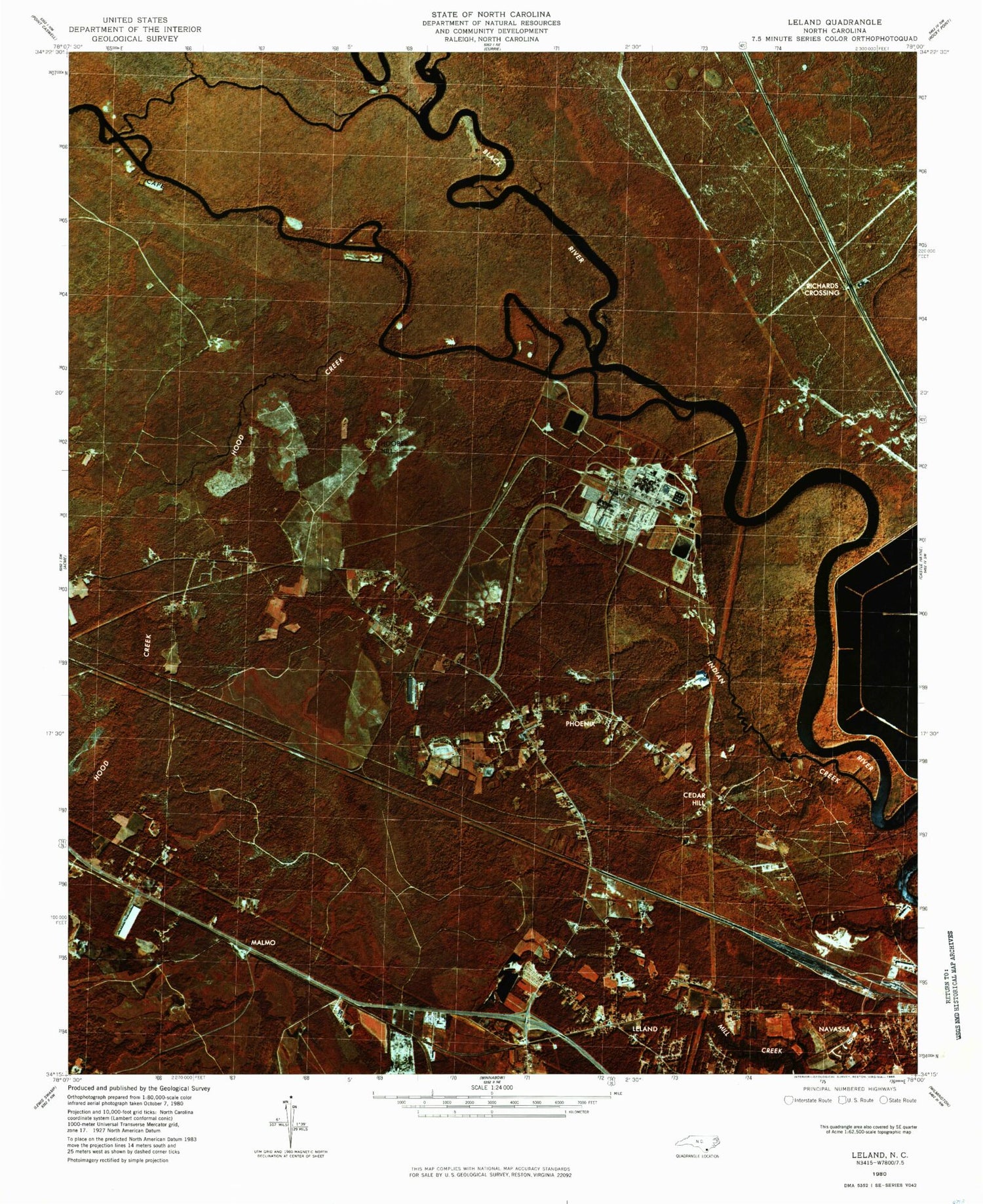 Classic USGS Leland North Carolina 7.5'x7.5' Topo Map Image