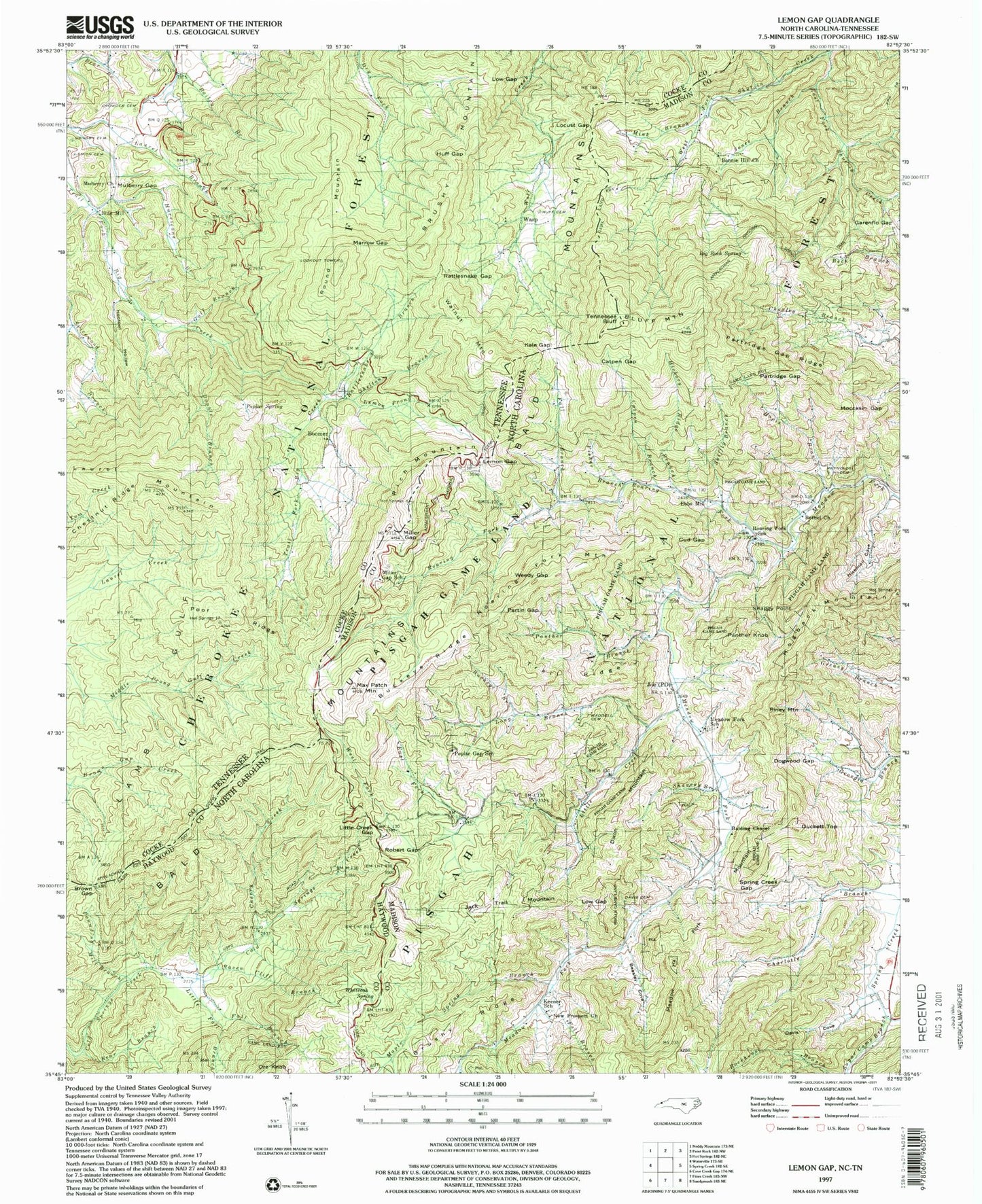 Classic USGS Lemon Gap North Carolina 7.5'x7.5' Topo Map Image