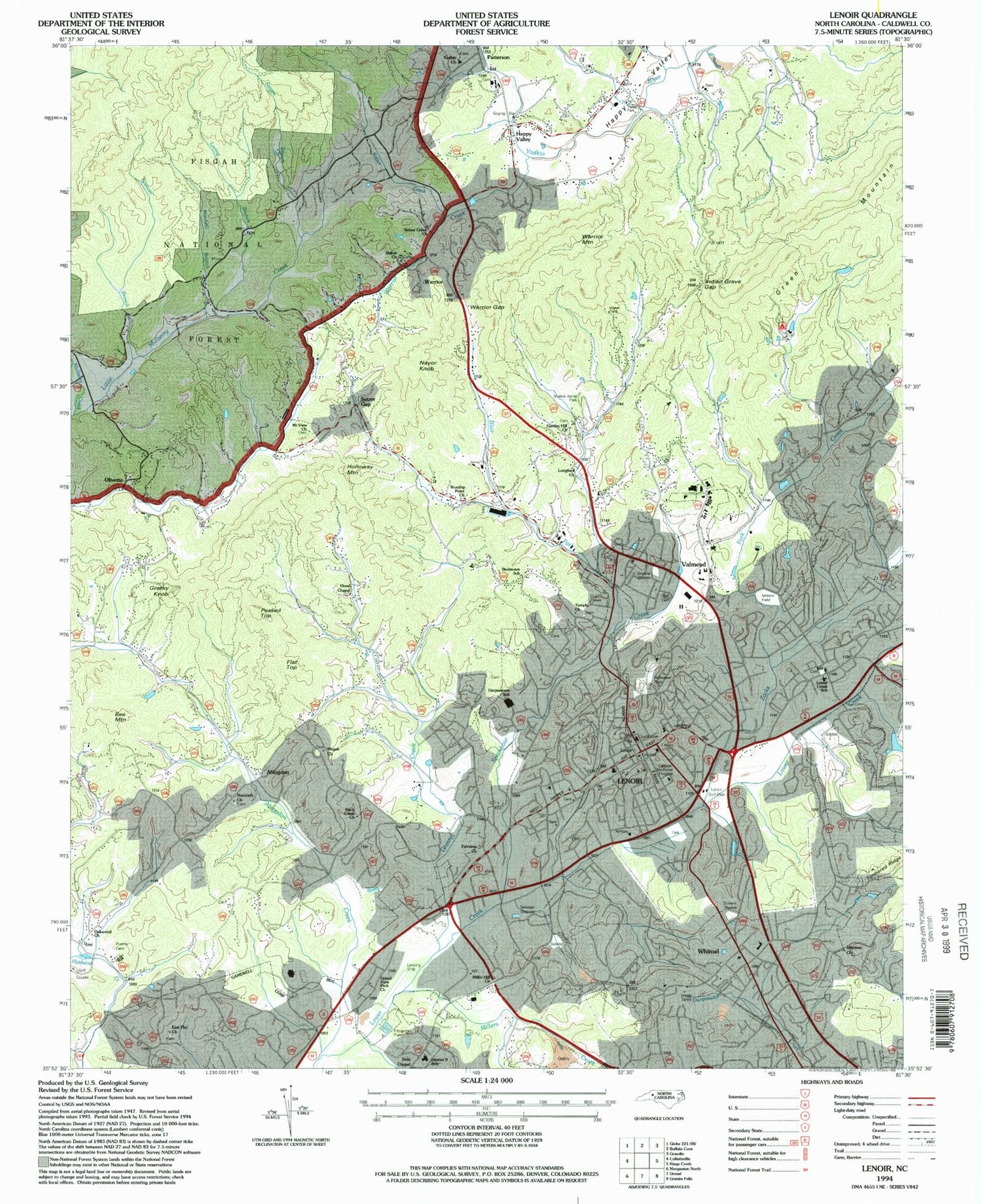 Classic USGS Lenoir North Carolina 7.5'x7.5' Topo Map Image