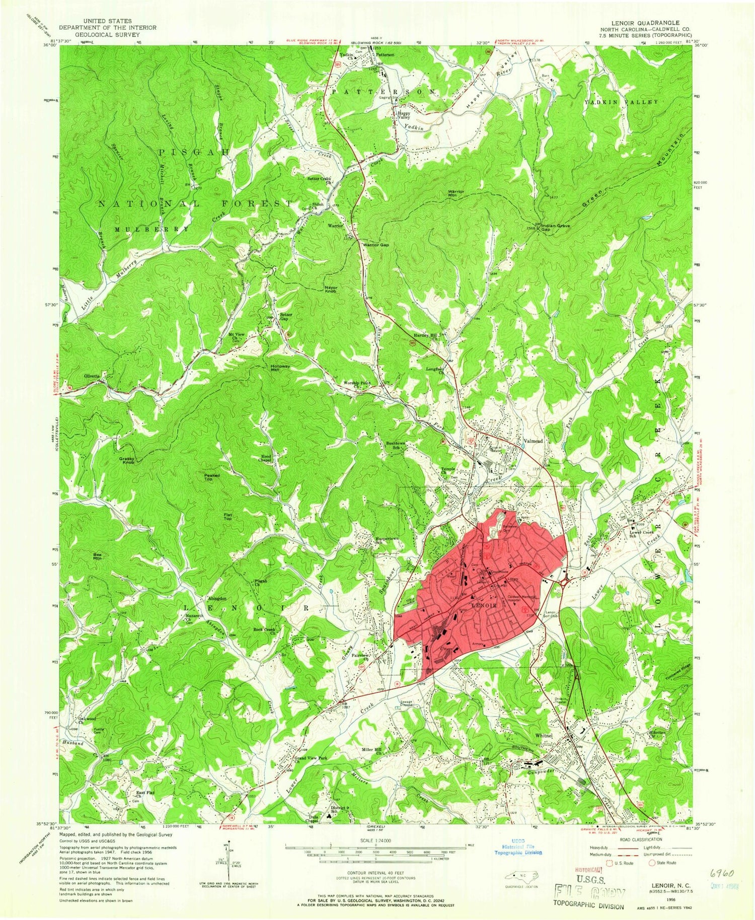 Classic USGS Lenoir North Carolina 7.5'x7.5' Topo Map Image