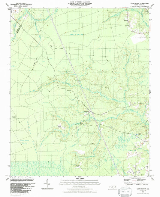 Classic USGS Lewis Swamp North Carolina 7.5'x7.5' Topo Map Image