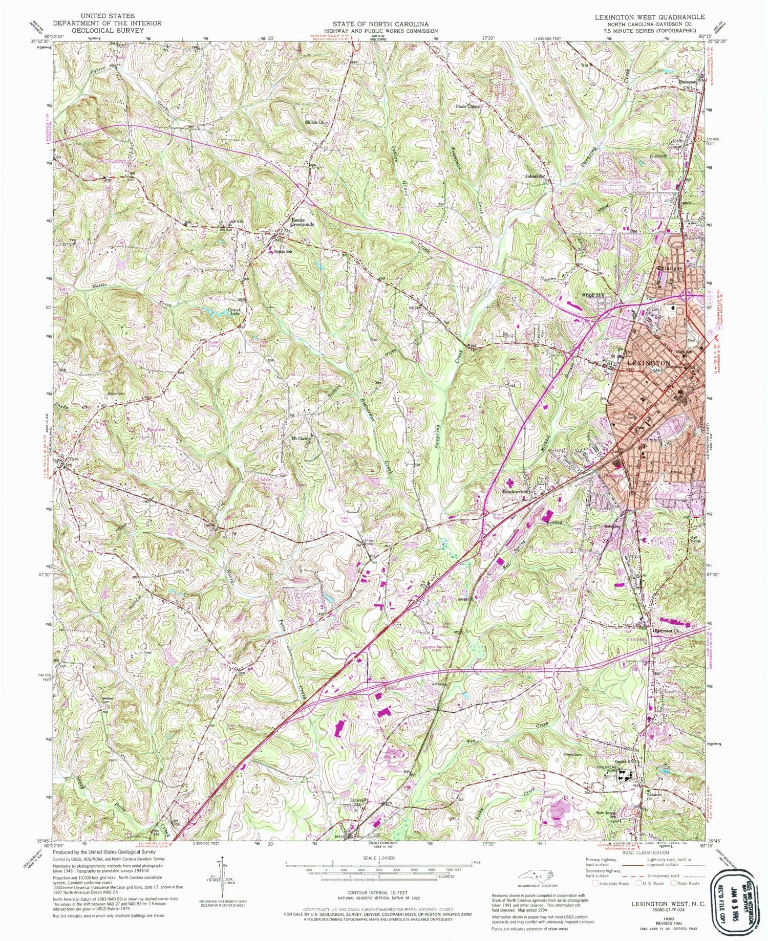 Classic USGS Lexington West North Carolina 7.5'x7.5' Topo Map Image