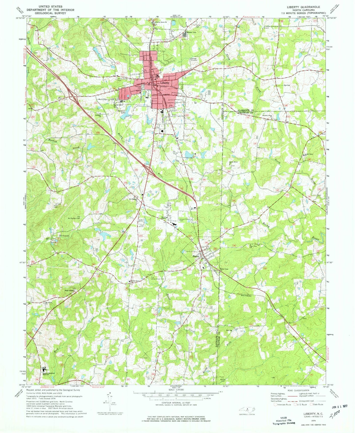 Classic USGS Liberty North Carolina 7.5'x7.5' Topo Map Image