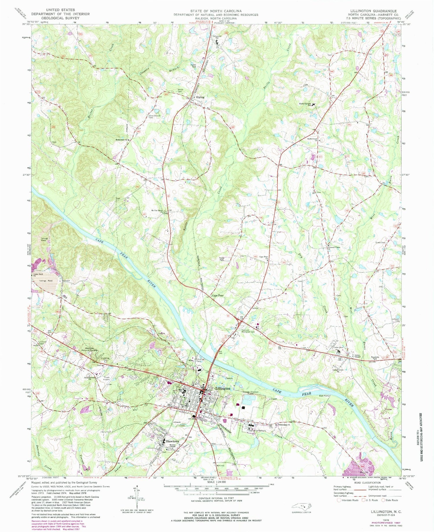 Classic USGS Lillington North Carolina 7.5'x7.5' Topo Map Image