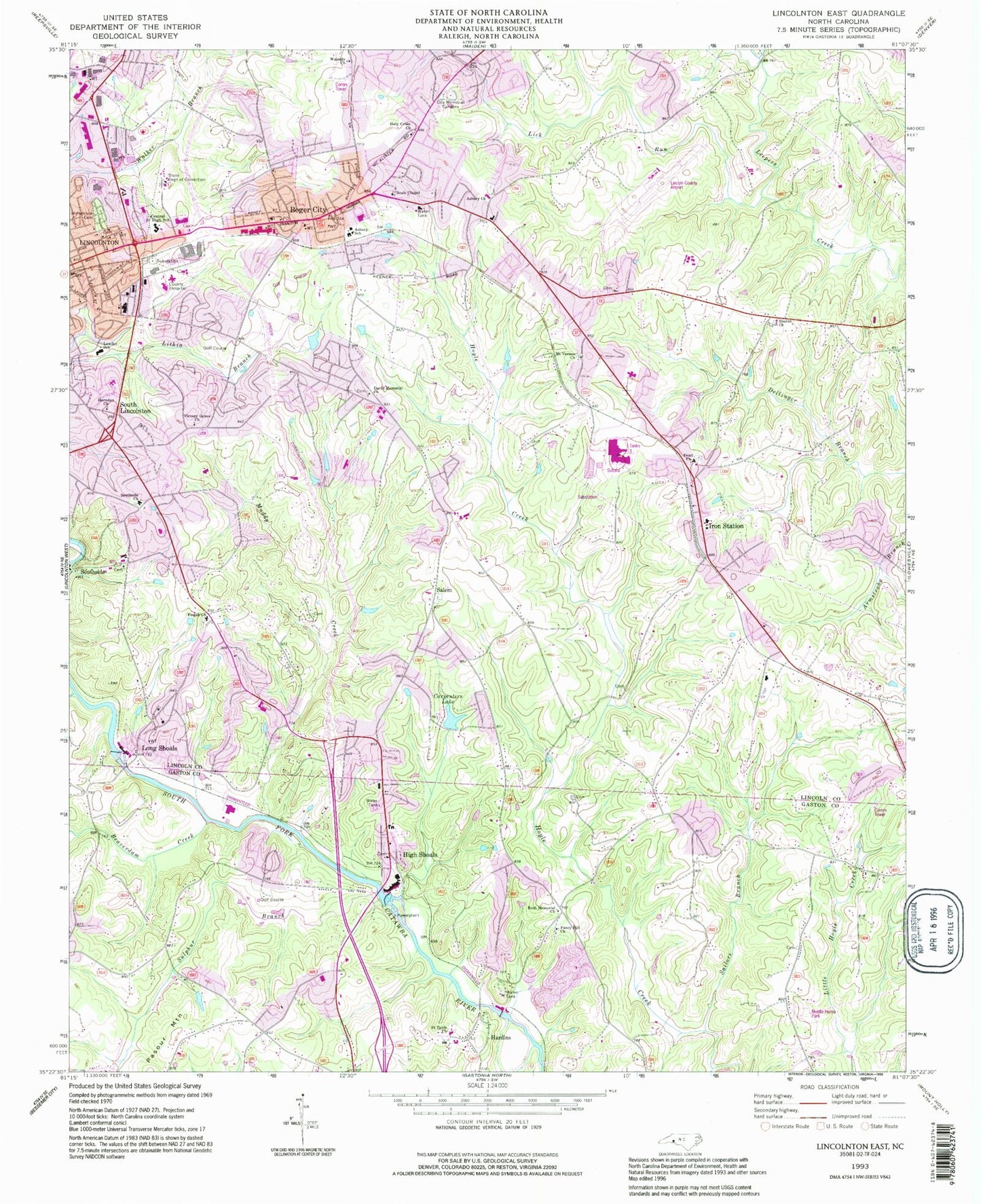 Classic USGS Lincolnton East North Carolina 7.5'x7.5' Topo Map Image