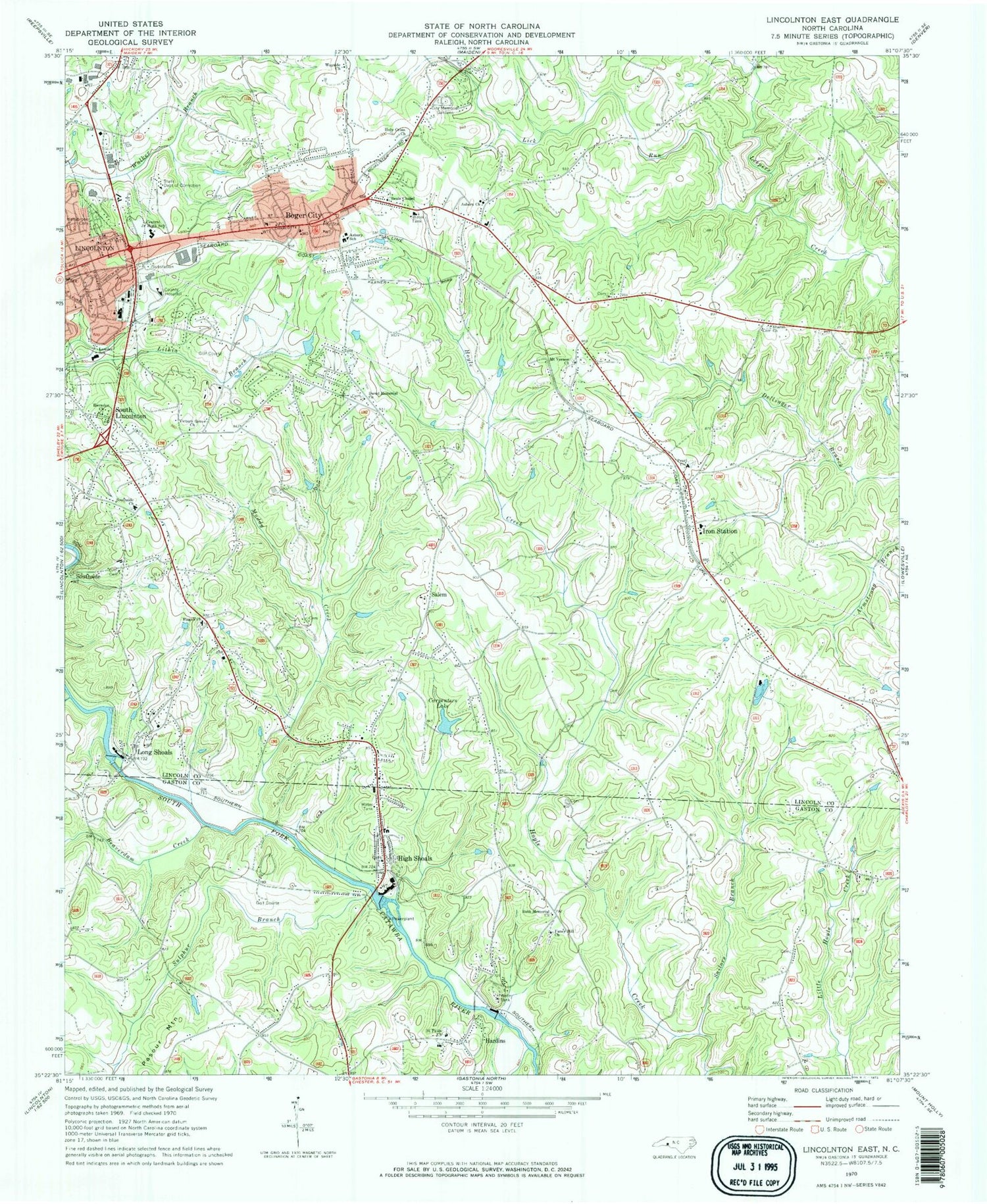 Classic USGS Lincolnton East North Carolina 7.5'x7.5' Topo Map Image