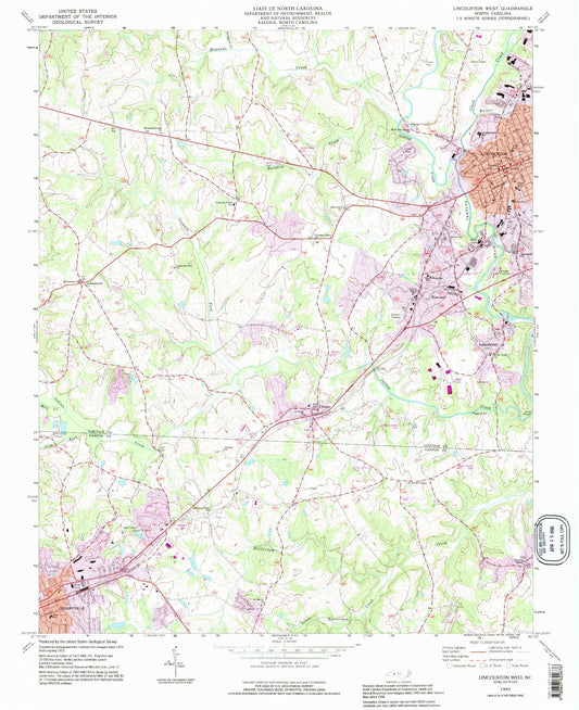 Classic USGS Lincolnton West North Carolina 7.5'x7.5' Topo Map Image