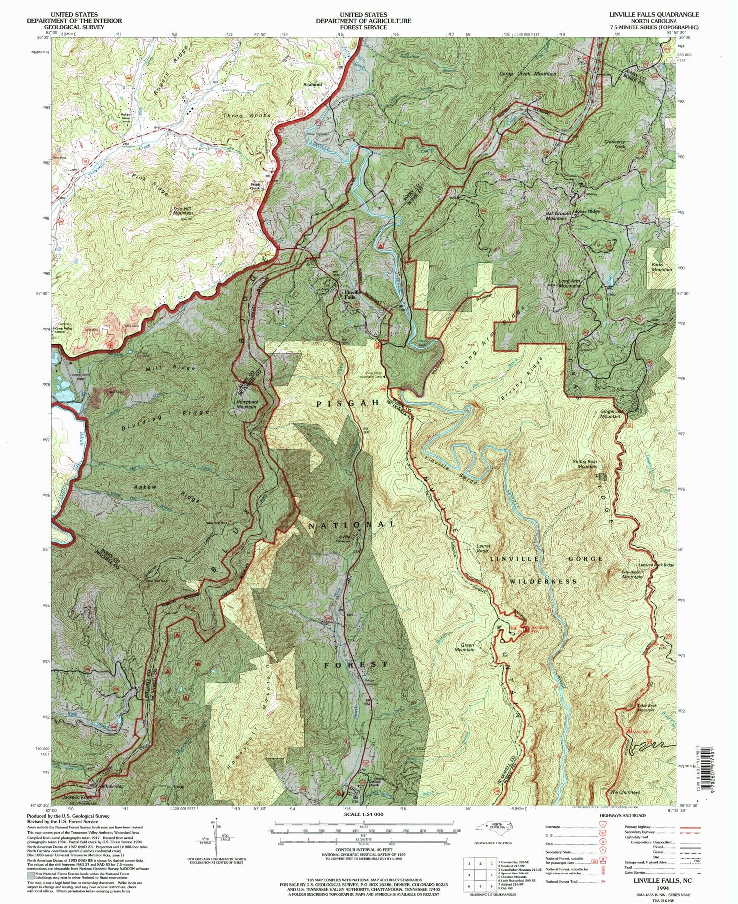 USGS Classic Linville Falls North Carolina 7.5'x7.5' Topo Map Image