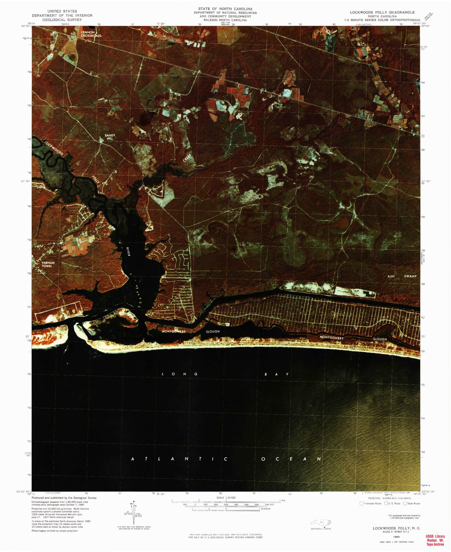 Classic USGS Lockwoods Folly North Carolina 7.5'x7.5' Topo Map Image