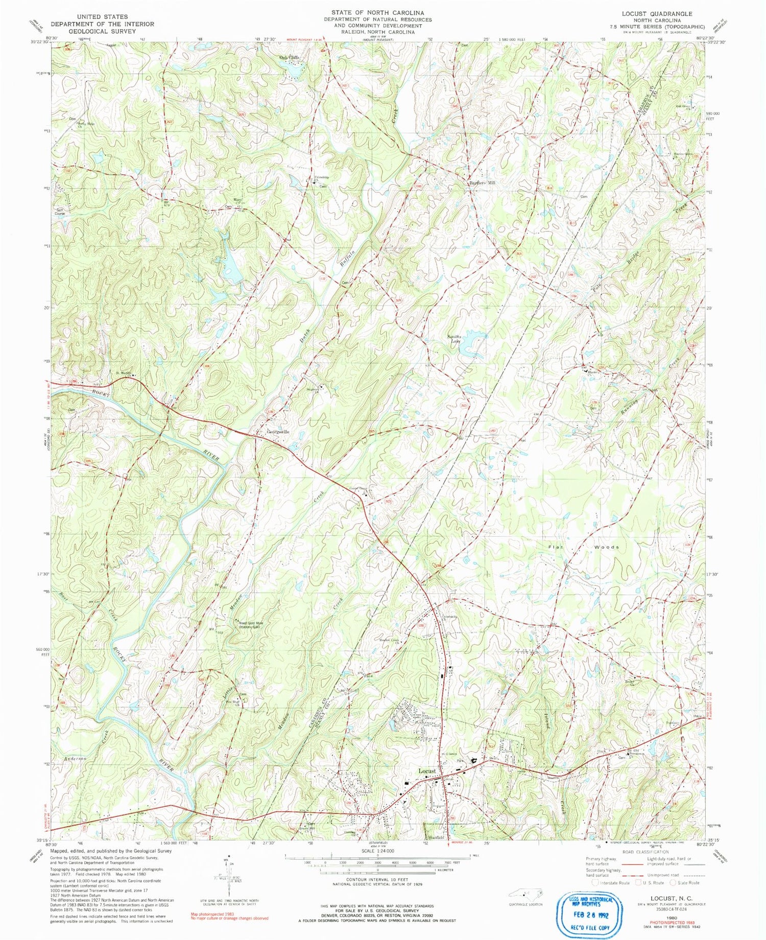 Classic USGS Locust North Carolina 7.5'x7.5' Topo Map Image