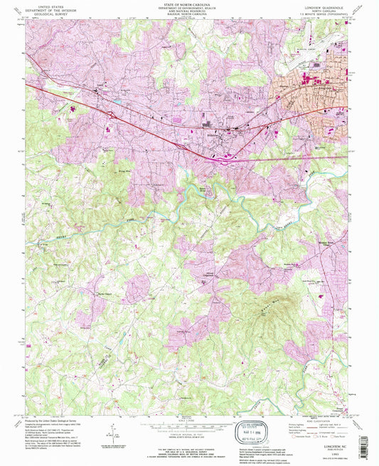 Classic USGS Longview North Carolina 7.5'x7.5' Topo Map Image