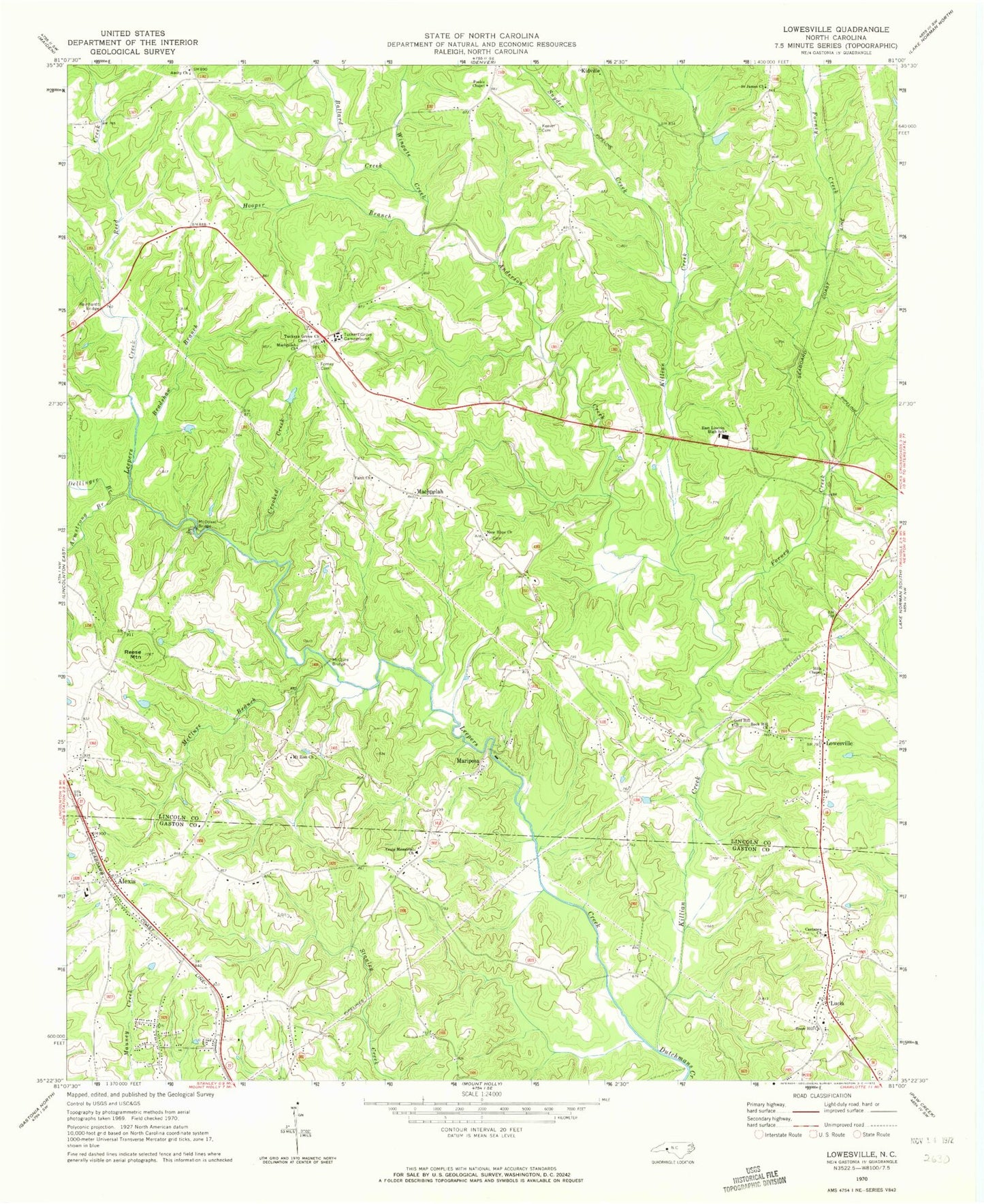 Classic USGS Lowesville North Carolina 7.5'x7.5' Topo Map Image