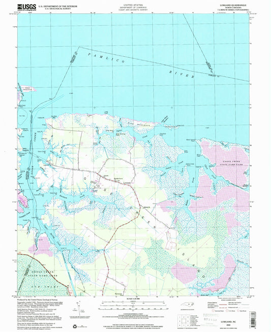Classic USGS Lowland North Carolina 7.5'x7.5' Topo Map Image