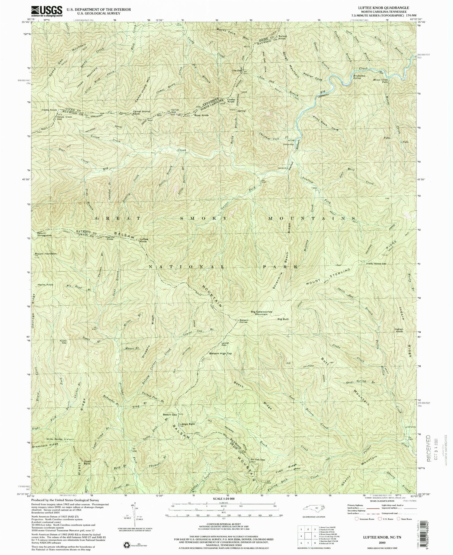 USGS Classic Luftee Knob North Carolina 7.5'x7.5' Topo Map Image