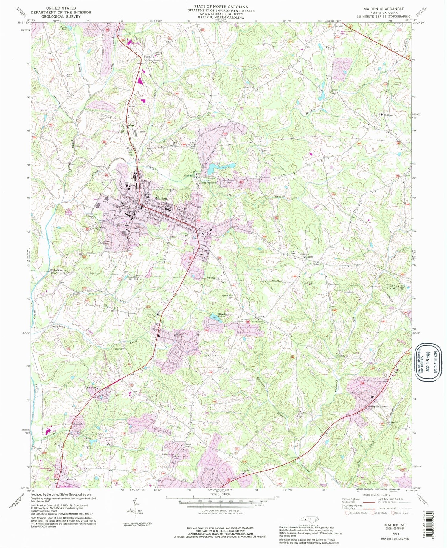 Classic USGS Maiden North Carolina 7.5'x7.5' Topo Map Image