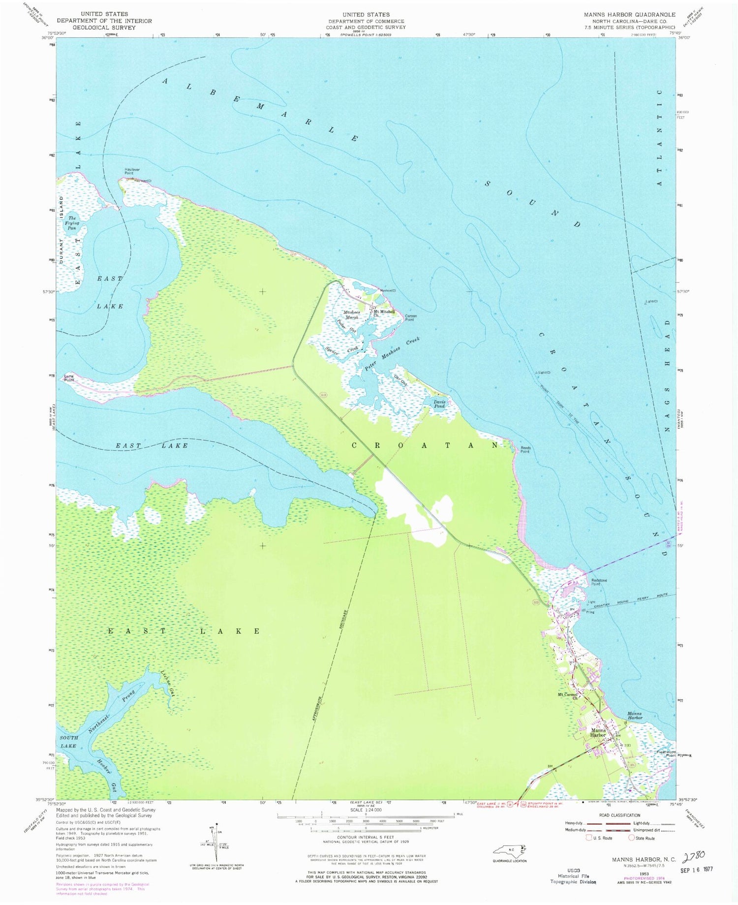 Classic USGS Manns Harbor North Carolina 7.5'x7.5' Topo Map Image