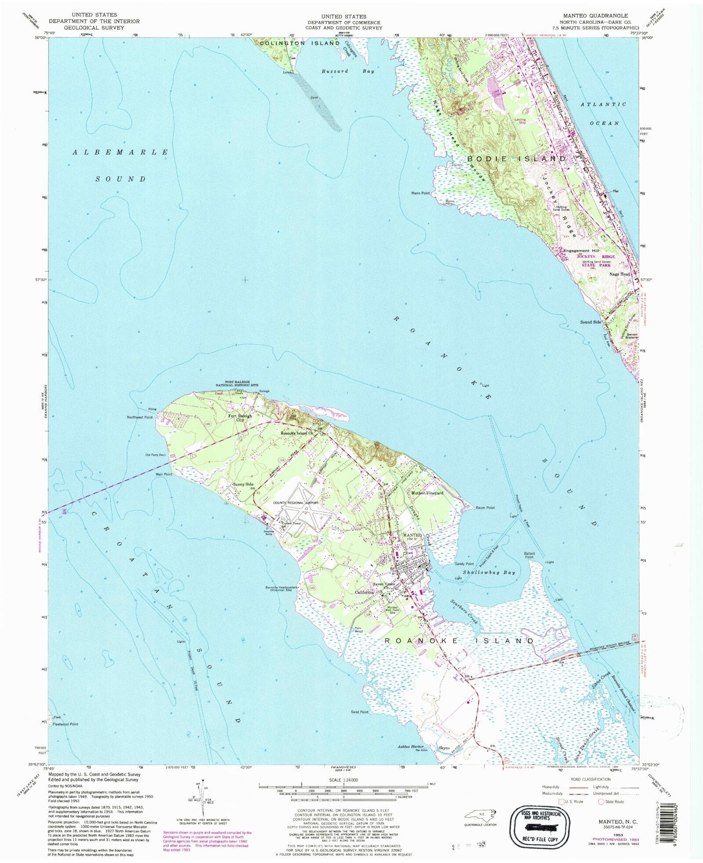 Classic USGS Manteo North Carolina 7.5'x7.5' Topo Map Image