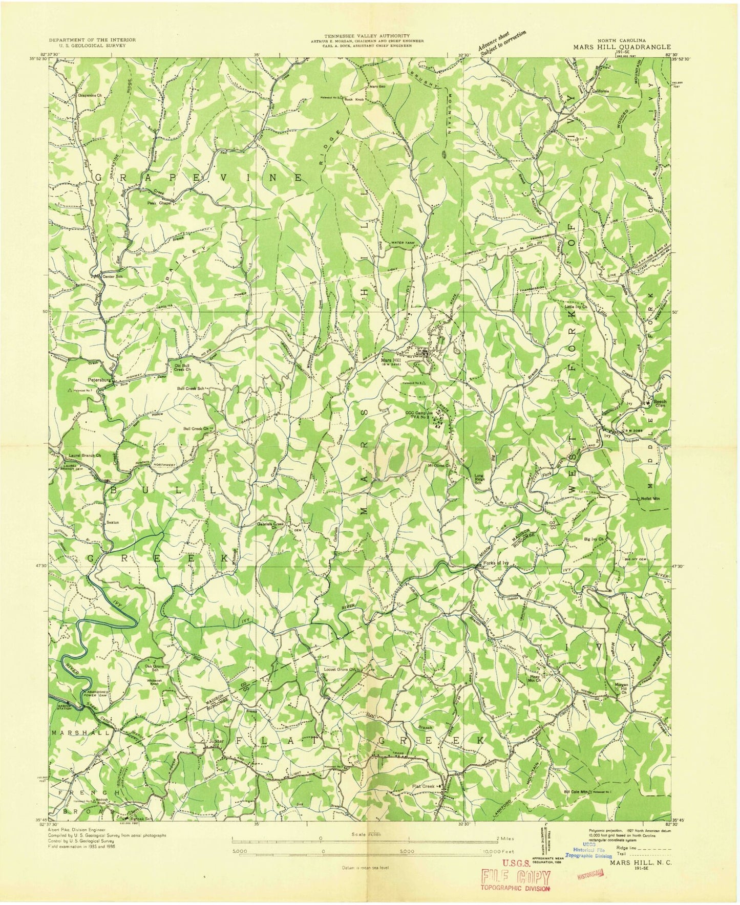 Classic USGS Mars Hill North Carolina 7.5'x7.5' Topo Map Image