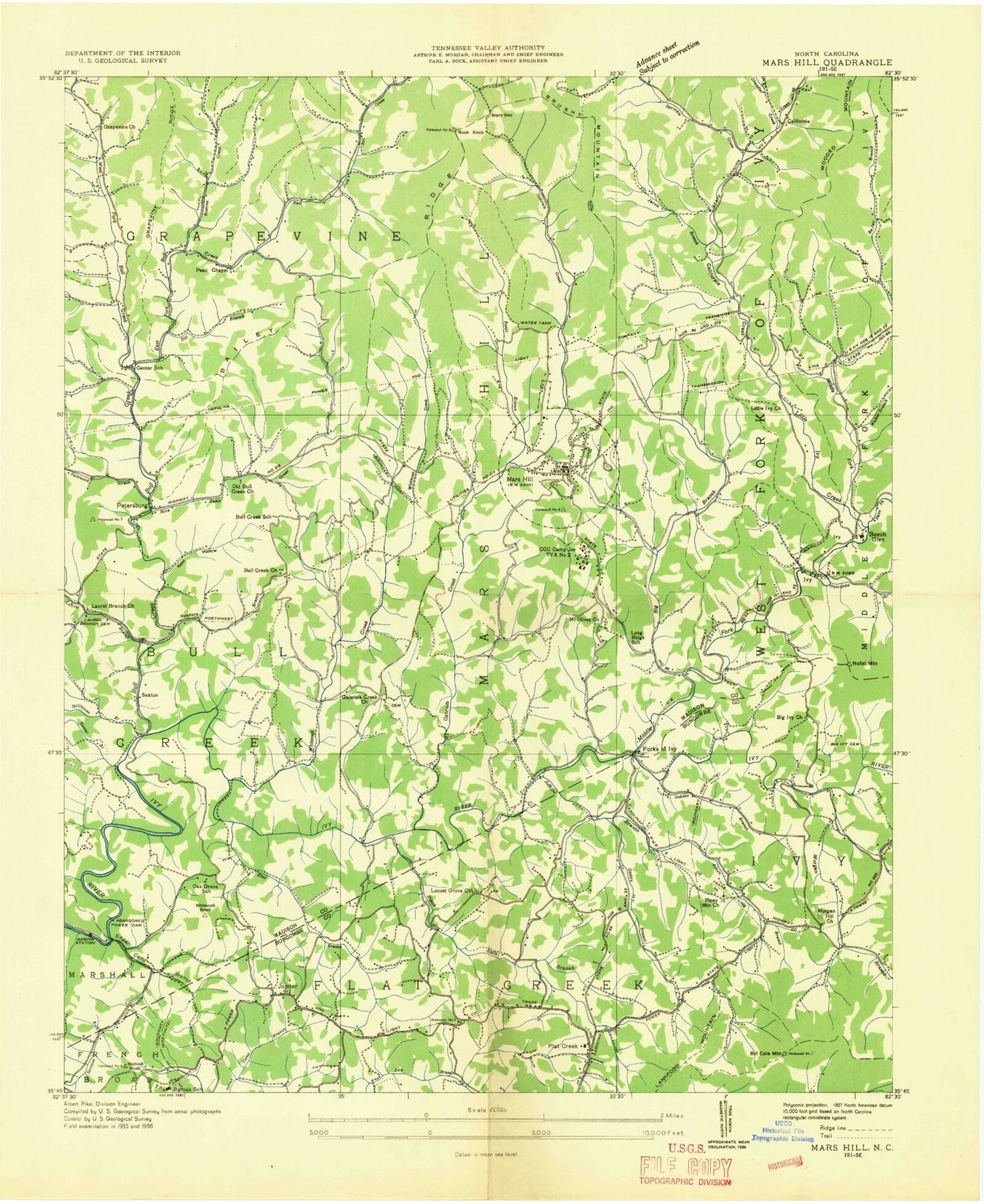 Classic USGS Mars Hill North Carolina 7.5'x7.5' Topo Map Image
