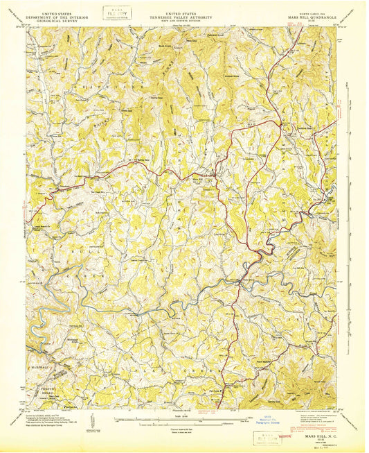 Classic USGS Mars Hill North Carolina 7.5'x7.5' Topo Map Image