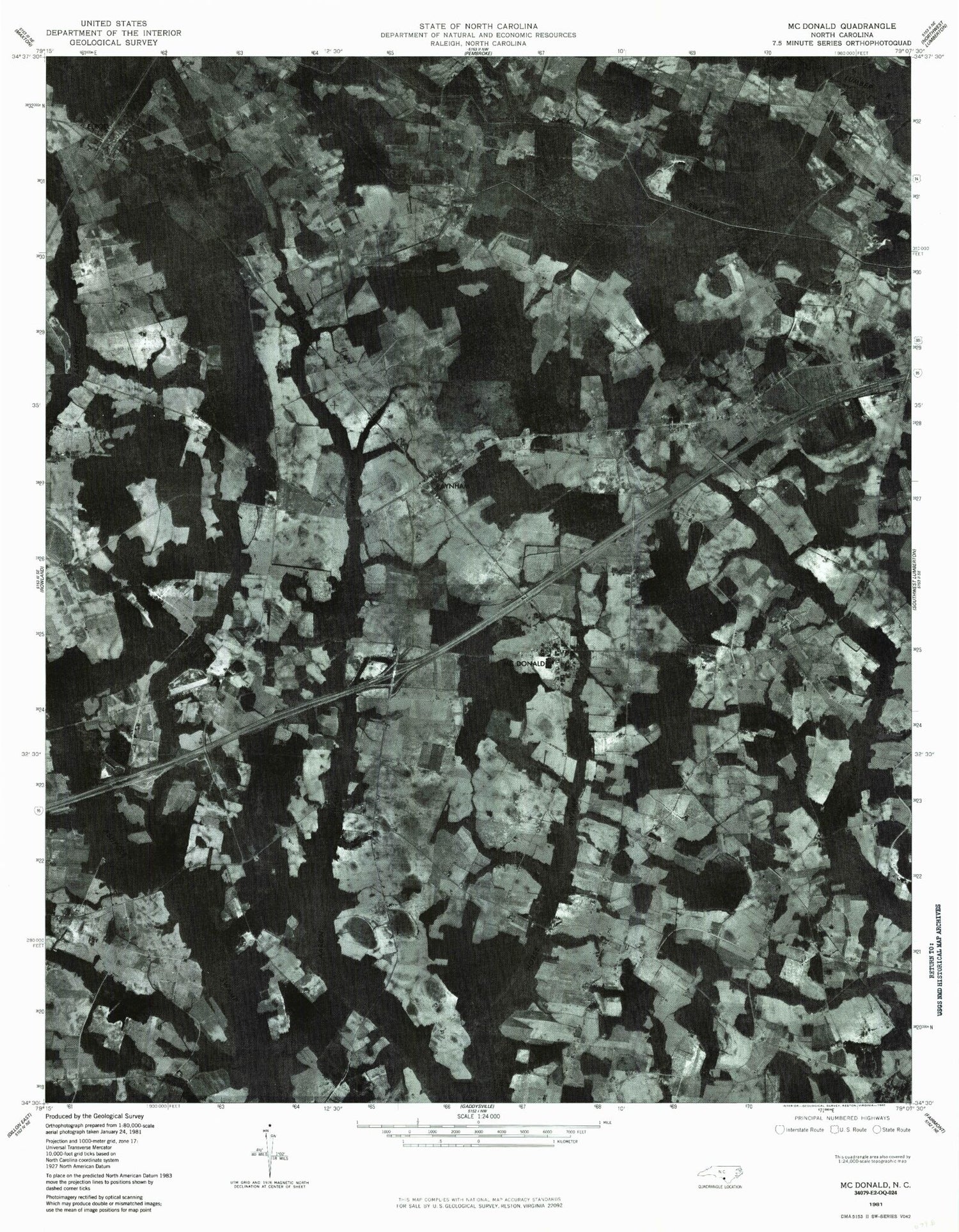 Classic USGS McDonald North Carolina 7.5'x7.5' Topo Map Image