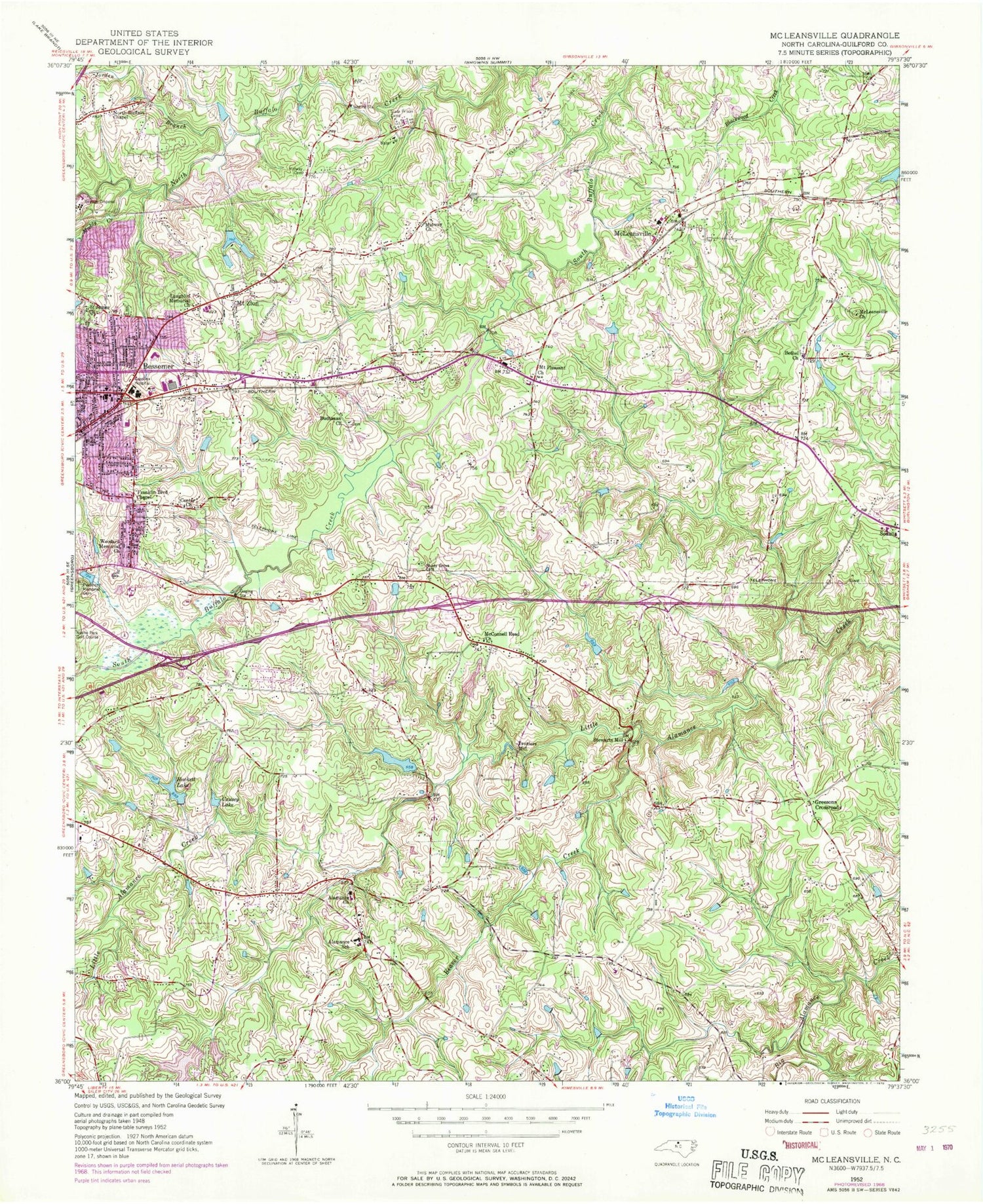 Classic USGS McLeansville North Carolina 7.5'x7.5' Topo Map Image