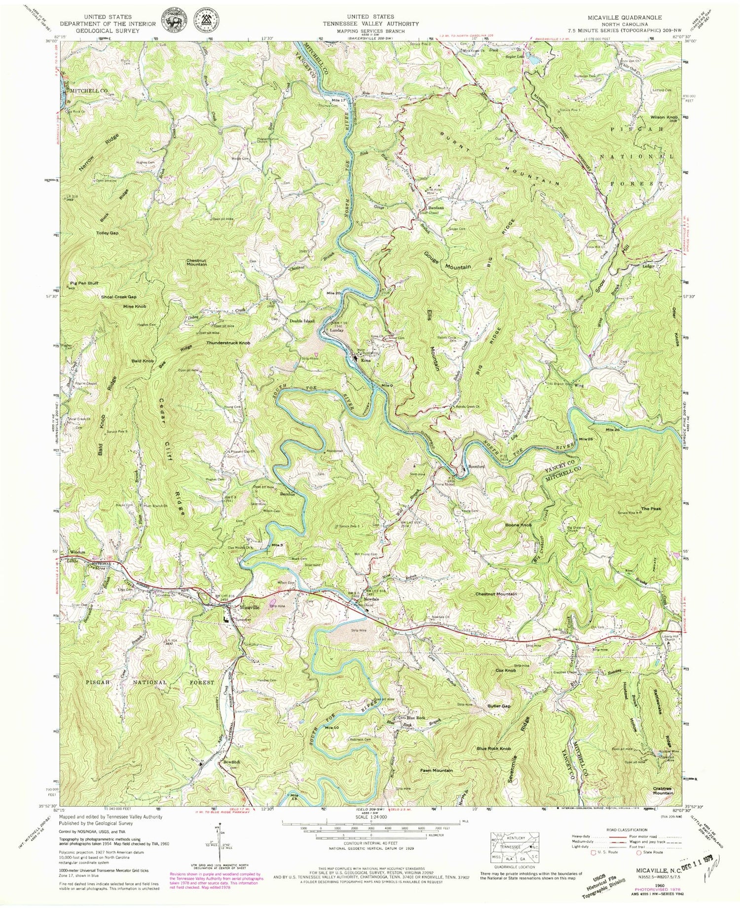 Classic USGS Micaville North Carolina 7.5'x7.5' Topo Map Image