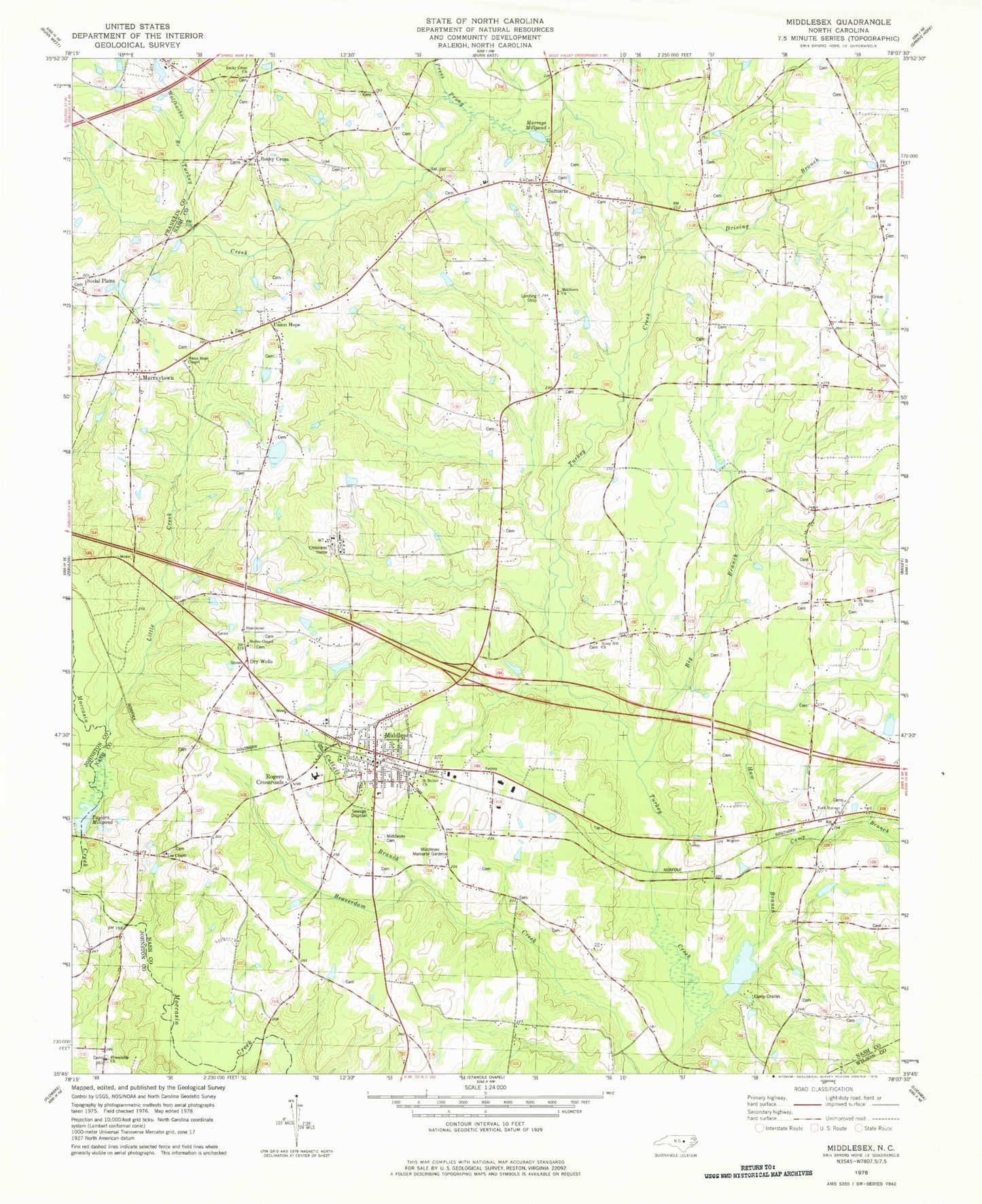 Classic USGS Middlesex North Carolina 7.5'x7.5' Topo Map Image